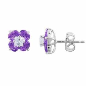Sterling Silver Simulated Amethyst Cubic Zirconia and Simulated Diamond CZ Flower Post Earrings