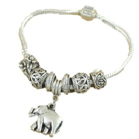 Cute Elephant Dangling Beads Charm Snake Chain Vintage Bracelet Silver Plated Beaded Bracelet