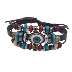 Multilayer Beads Evil Eye Bracelet Leather Wrap Bracelet Boho Jewelry for Women Men