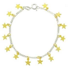 Sterling Silver Two Tone Figaro Chain Dangling Stars Bracelet