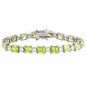 Sterling Silver Light Green & Clear CZ Round & Square Tennis Bracelet