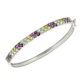 Sterling Silver Multi Color Gemstone & Diamond Bangle