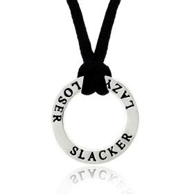 Sterling Silver 'Loser' 'Lazy' 'Slacker' Circle Black Silk Pendant Necklace