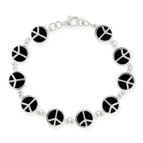 Sterling Silver Black Enamel Peace Signs Bracelet