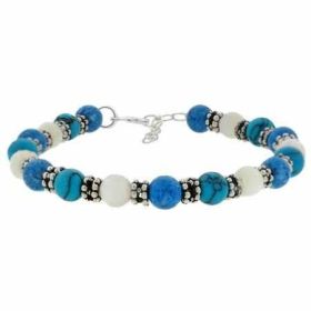 Genuine Mother of Pearl, Denim Lapis, and Reconstituted Turquoise Silver Bali Bead Bracelet 7-8&quot;