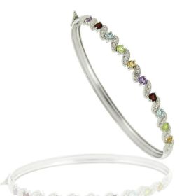 Sterling Silver Diamond Accented Multi Gemstone S Design Bangle