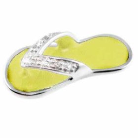 Sterling Silver Simulated Diamond CZ and Yellow Enamel Flip Flop Sandal Pendant