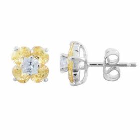 Sterling Silver Flower Champagne Cubic Zirconia and Simulated Diamond CZ Post Earrings