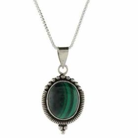 Sterling Silver Genuine Malachite Stone Beaded Oval Pendant