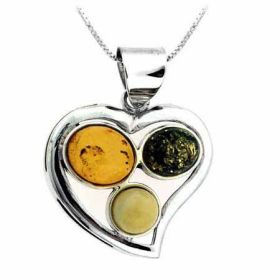 Sterling Silver Genuine Green and Brown Amber Heart Pendant