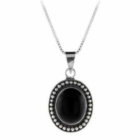 Genuine Onyx Stone Sterling Silver Bali Beaded Oval Pendant