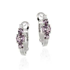 Sterling Silver Genuine Amethyst Three Stone Hoop Earrings