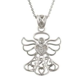 Sterling Silver CZ Angel Filigree Heart Pendant
