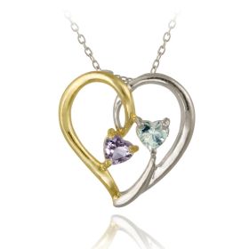 Sterling Silver Two Tone Amethyst & Blue Topaz Heart Pendant