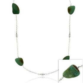 Sterling Silver Genuine Turquoise Stone bead Strand Chain Necklace
