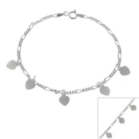 Sterling Silver Figaro Chain Anklet with Dangling Heart Charms