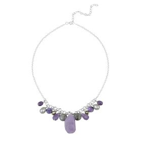 Sterling Silver Dangling Pearls, Amethyst, Laborite Beads & Stones Necklace