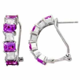 Sterling Silver Amethyst and Colorless CZ Half Hoop Earrings