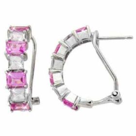 Sterling Silver Pink & Clear CZ Pattern Half Hoop Earrings