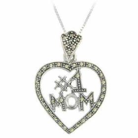 Sterling Silver Marcasite #1 MOM Open Heart Pendant