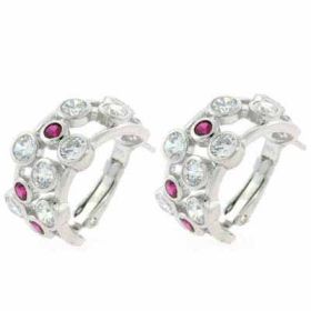 Sterling Silver Red & White CZ Half Hoop Bubble Earrings