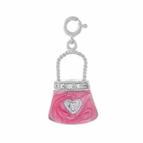 Sterling Silver 3-D Pink Enamel Simulated Diamond cz Heart Hand Bag Purse Pendant/Charm