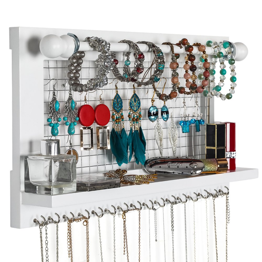 White Wall Mounted Jewelry Organizer Wooden Earring Holder with Shelf Hanging