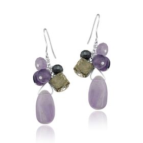 Sterling Silver Pyrite & Amethyst Stones Cluster Earrings