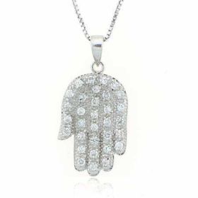 Sterling Silver Simulated Diamond CZ ~Hamsa~ Hand Pendant