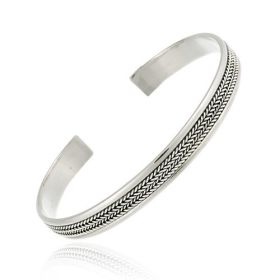 Sterling Silver Rope Design Cuff Bangle w/ Polished Border