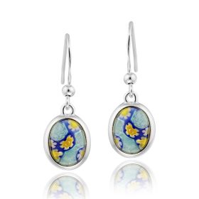 Sterling Silver Blue Millefoiri Glass Oval Dangle Earrings