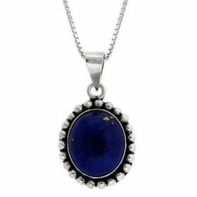 Serling Silver Genuine Lapis Stone Bali Bead Oval Pendant