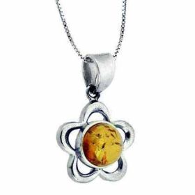 Sterling Silver Genuine Brown Amber Flower Pendant