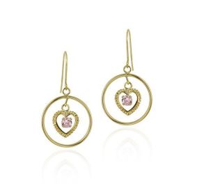 10K Gold Pink CZ & Heart in Circle Dangle Earrings