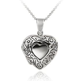Sterling Silver Etched Flower Heart Locket Pendant
