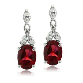 Sterling Silver Created Ruby & CZ Oval Dangle Earrings