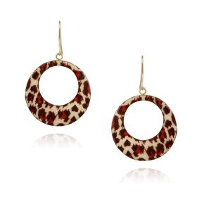 Gold Tone Enamel Animal Print Circle Dangle Earrings