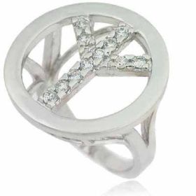 Sterling Silver Peace Sign Simulated Diamond CZ Ring