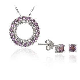 Sterling Silver Amethyst Eternity Pendant & Stud Set
