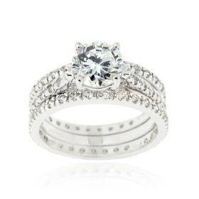 Sterling Silver Round CZ Wedding Engagement Ring Set