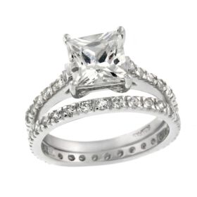 Sterling Silver Square CZ Bridal Engagement Ring Set