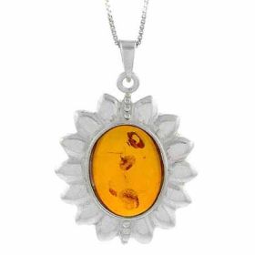 Sterling Silver Genuine Amber Stone Oval Flower Pendant