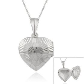 "Sterling Silver Diamond Cut Heart Locket Pendant, 18"""