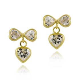 10K Gold Cubic Zirconia Bow & Heart Mini Dangle Earrings