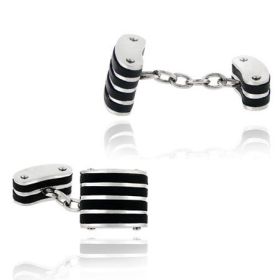 Stainless Steel and Black Rubber Striped Chain Cufflinks