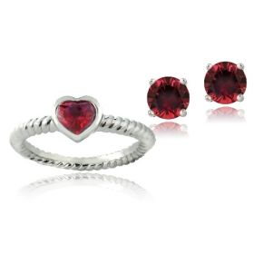 Silver Tone 1.75ct Created Ruby Heart Ring & Stud Earrings Set
