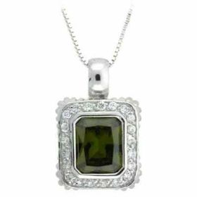 Sterling Silver Olive and Simulated Diamond CZ Square Pendant