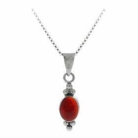 Sterling Silver Bali Bead Genuine Carnelian Stone Oval Pendant