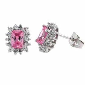 Sterling Silver Pink CZ and Simulated Diamond CZ Post Earrings