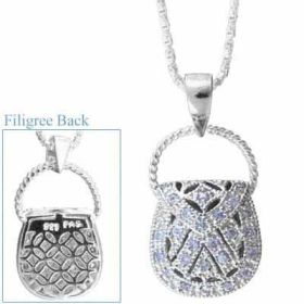 Sterling Silver Purse Filigree Lavender Cubic Zirconia Pendant